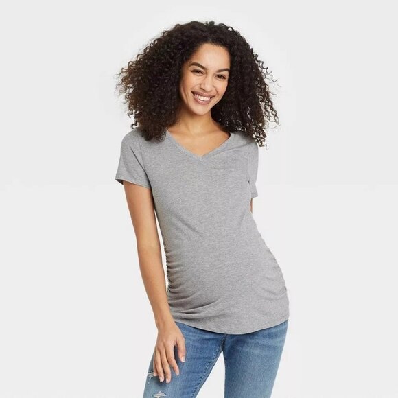 NEW Short Sleeve Fashion V-Neck Maternity T-Shirt - Isabel Maternity - Gray - Picture 1 of 7